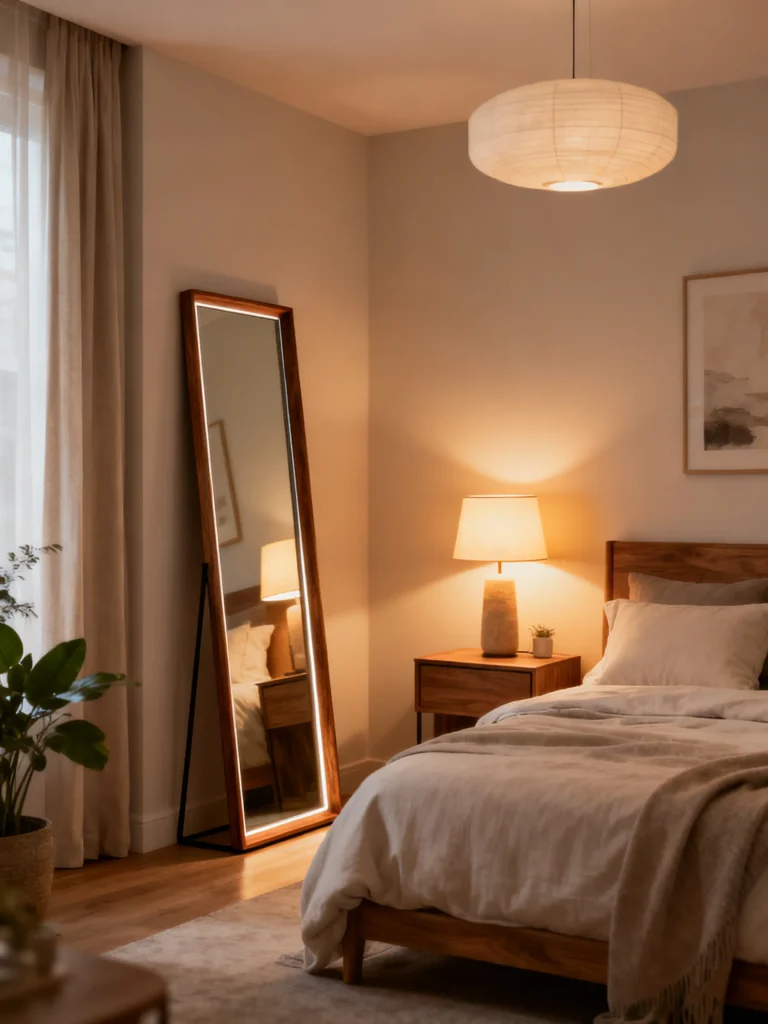 Cozy bedroom with layered lighting and a full-length mirror beside the bed