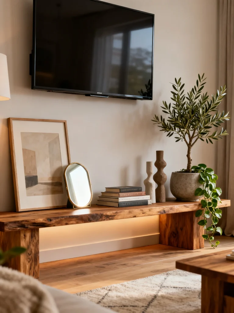 Wall-mounted TV above a long wooden ledge shelf with layered decor styling