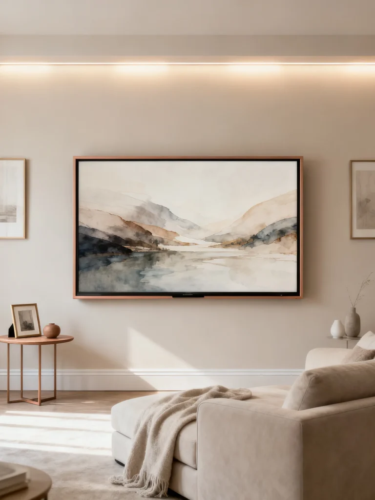 Minimalist living room with art-mode TV display and neutral modern decor