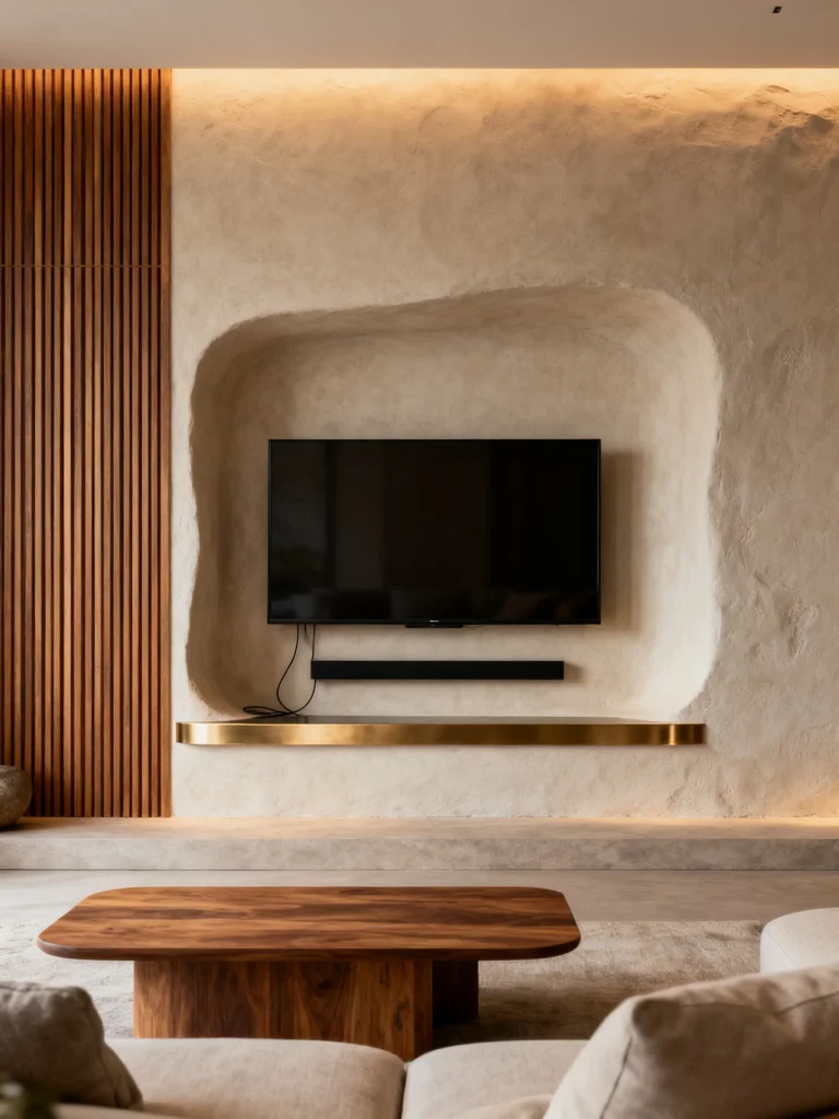 Modern TV wall combining plaster, wood slats, and metal shelf accents