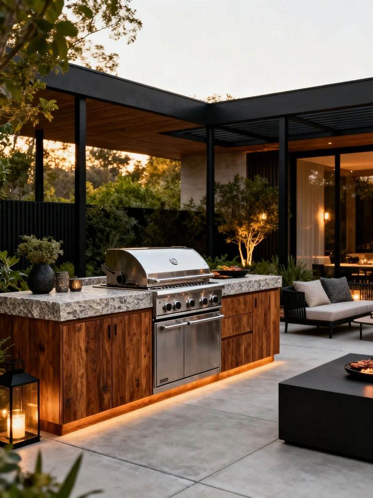 Modern outdoor grilling station with mixed wood, stone, and metal materials for a designer finish.