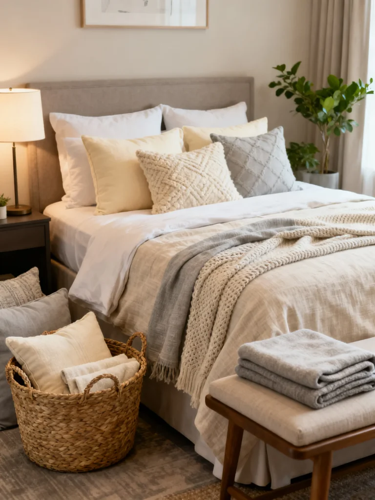 Cozy bedroom with mixed decorative pillows, layered bedding, and extra blankets stored in baskets