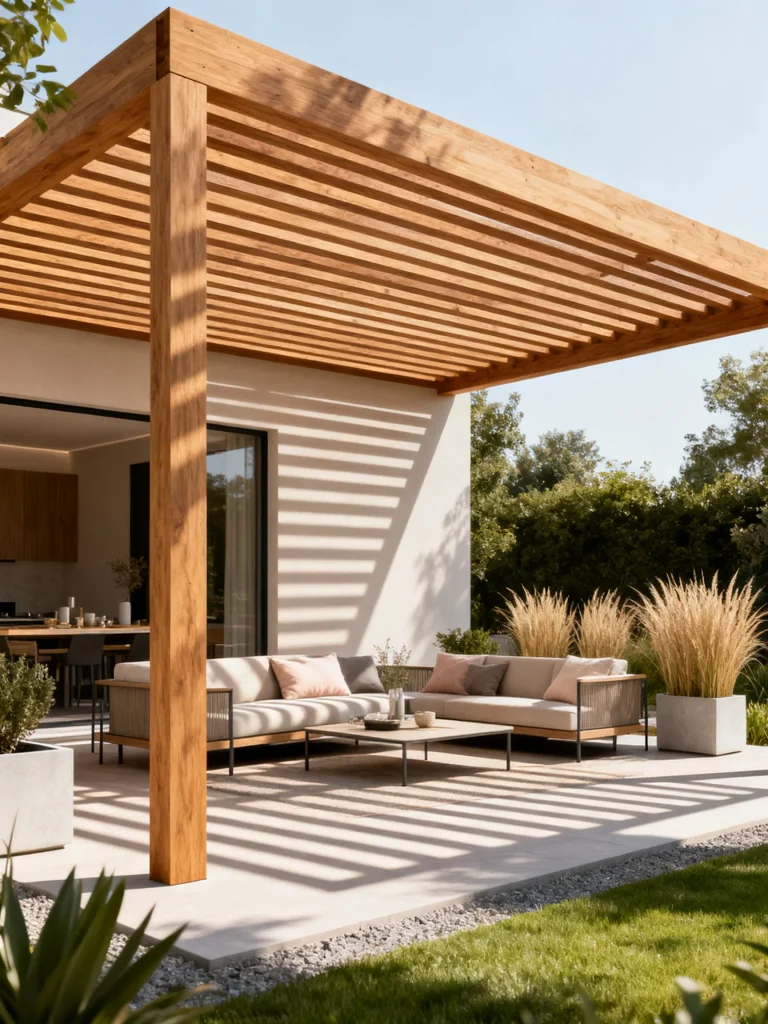 Modern slatted wood pergola with outdoor lounge seating beside a contemporary home