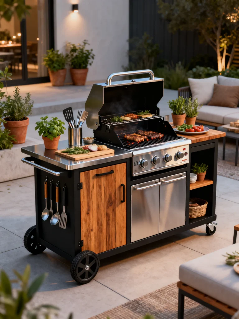 Modular outdoor grilling station with rolling prep table, storage shelves, and stainless steel grill.