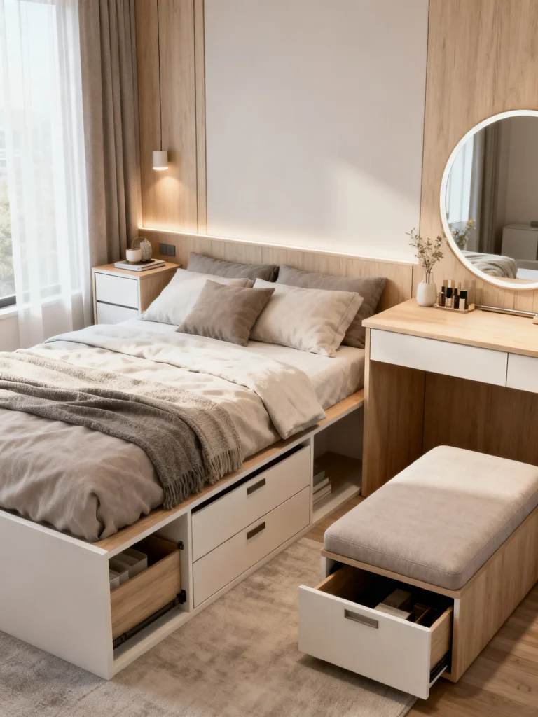 Small bedroom with multifunctional furniture including storage bed, drawers, and vanity bench with hidden storage