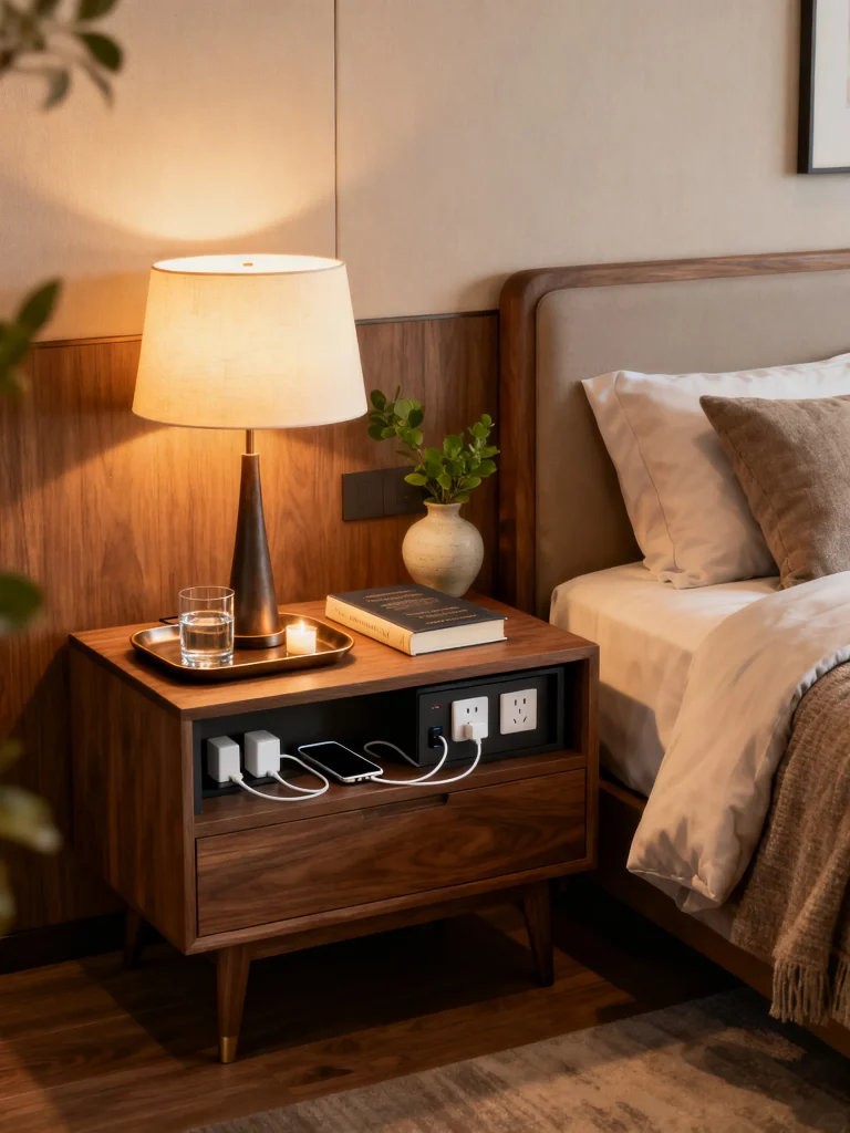 Modern wooden nightstand with bedside lamp, charging station, books, and bedroom essentials