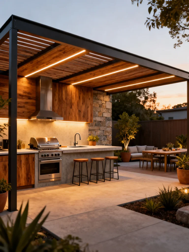 Modern outdoor kitchen pergola with built-in grill, bar seating, and integrated LED lighting at dusk