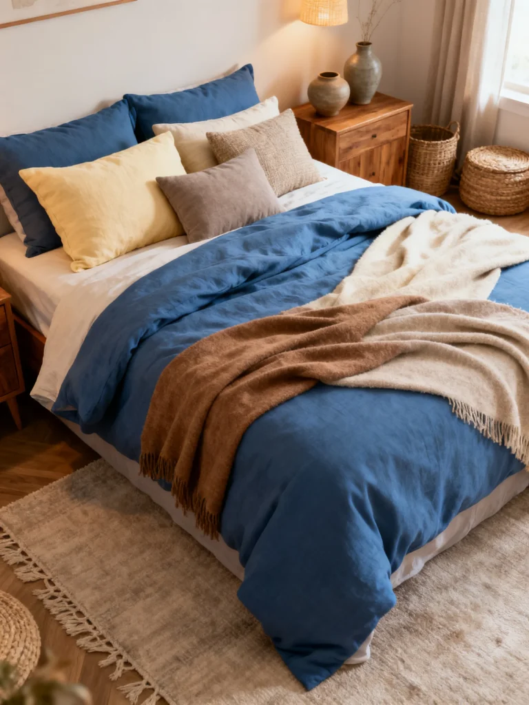 Blue bedroom with warm neutral bedding, cozy throws, and wood furniture accents
