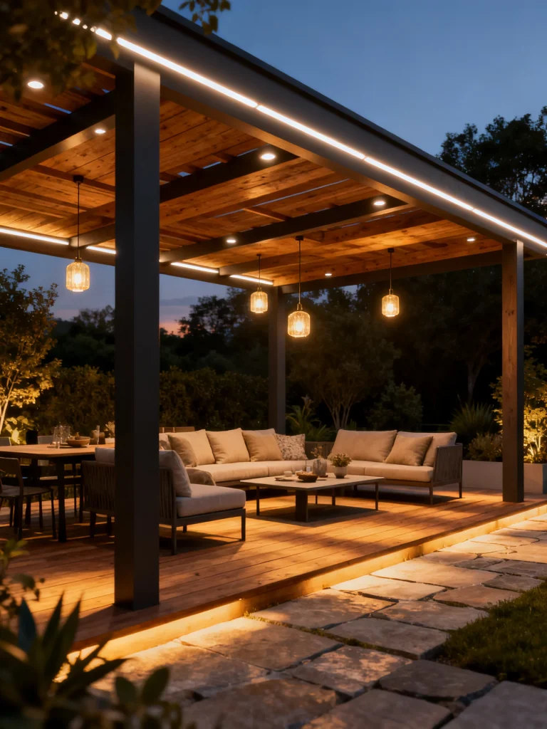 Modern pergola with integrated LED lighting and cozy outdoor seating illuminated at night