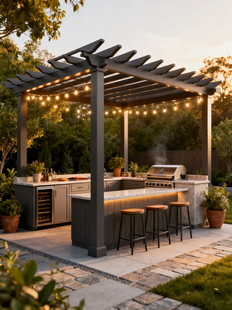 Pergola-covered outdoor grilling pavilion with bar seating and string lights at sunset.