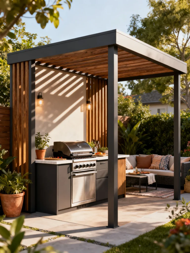 Modern outdoor kitchen under a pergola canopy with built-in grill, wood accents, and cozy lounge seating.