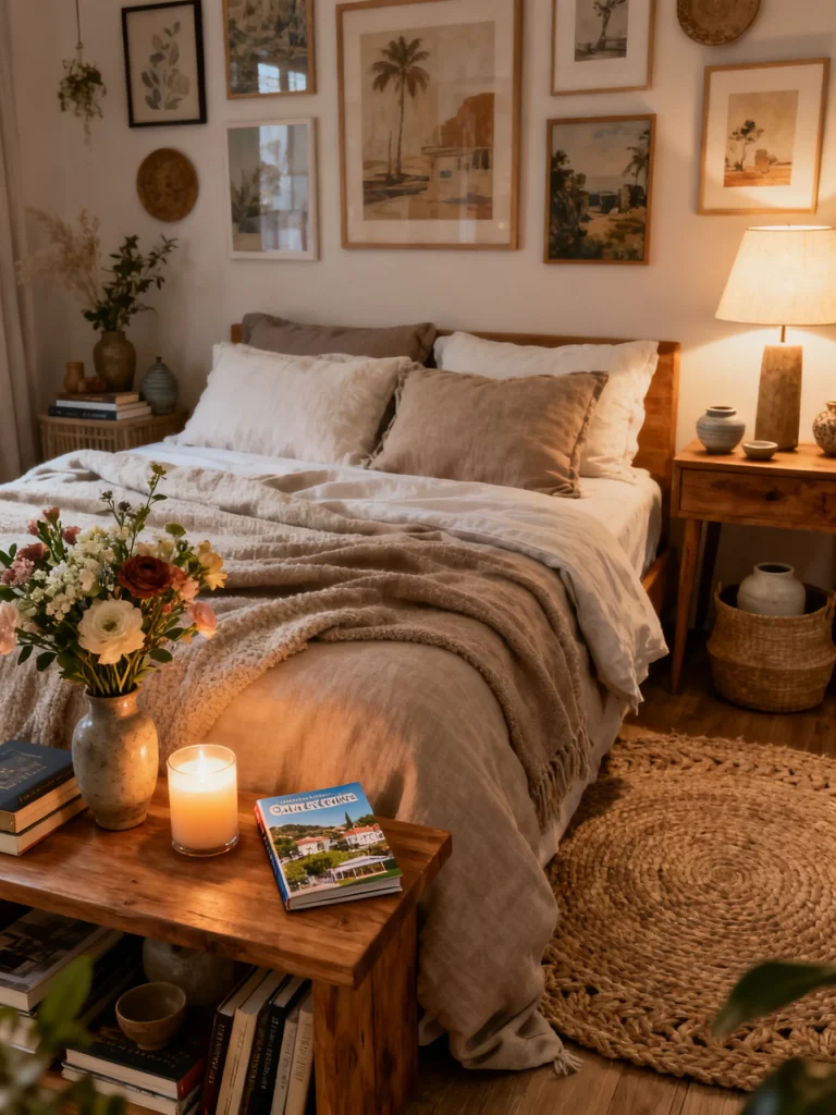 Cozy bedroom with framed wall art, candles, flowers, books, and decorative personal touches