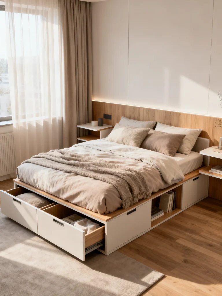 Small bedroom with multifunctional storage bed, built-in drawers, and modern minimalist decor.