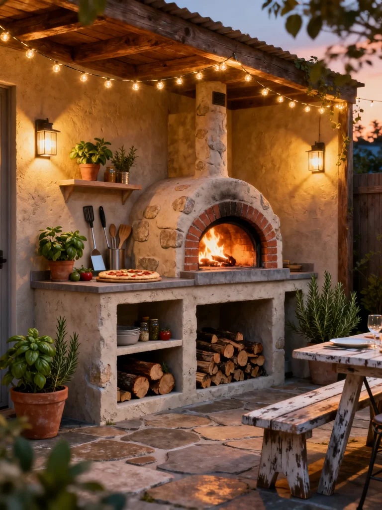 Rustic outdoor pizza oven nook with wood-fired oven, string lights, and cozy dining setup.