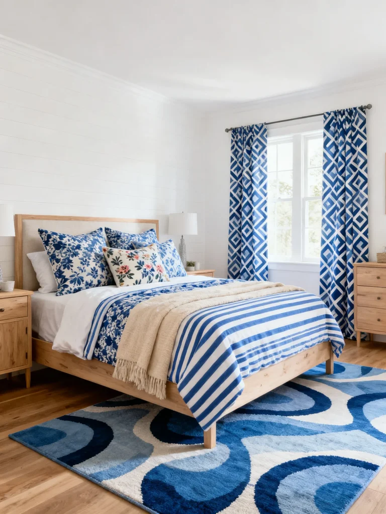 Blue patterned bedroom with striped bedding, geometric curtains, and patterned rug