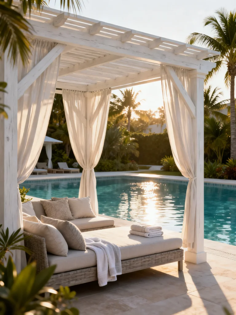 White poolside cabana-style pergola with flowing curtains and lounge seating beside a tropical swimming pool
