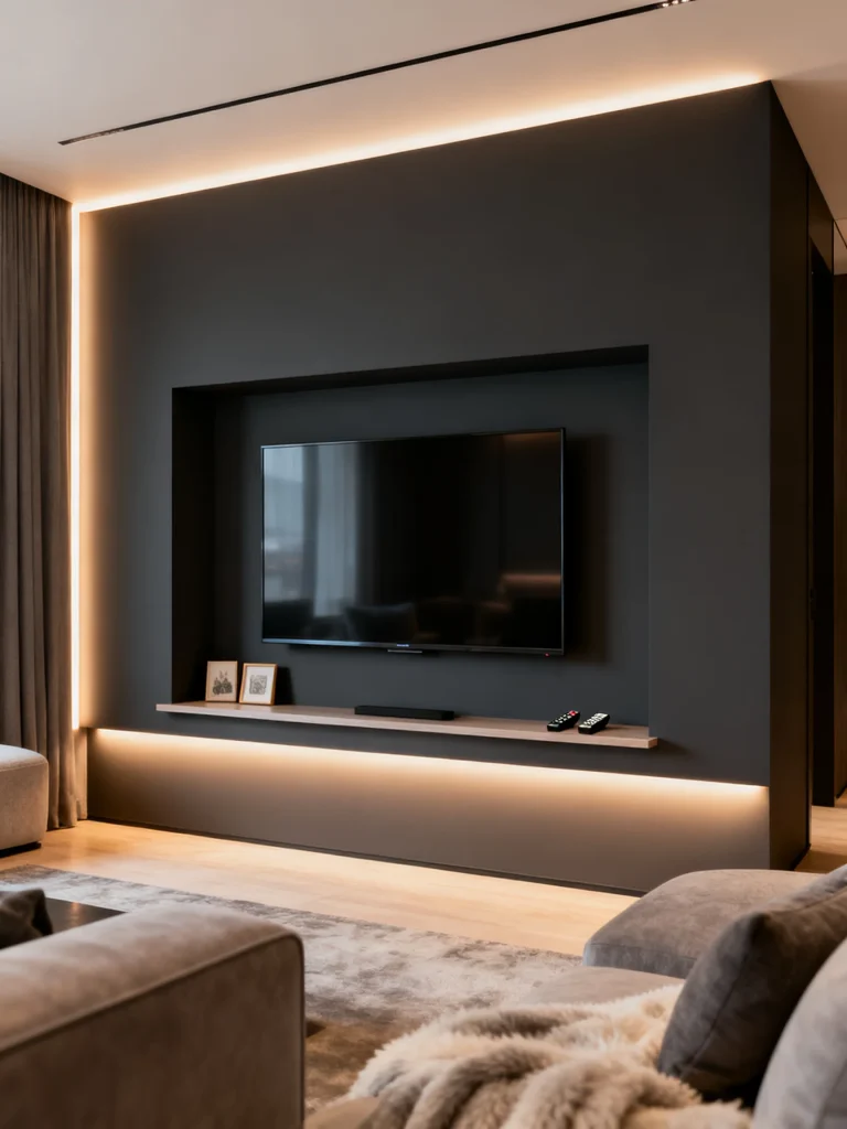 Modern recessed TV wall niche with ambient LED lighting and minimalist design