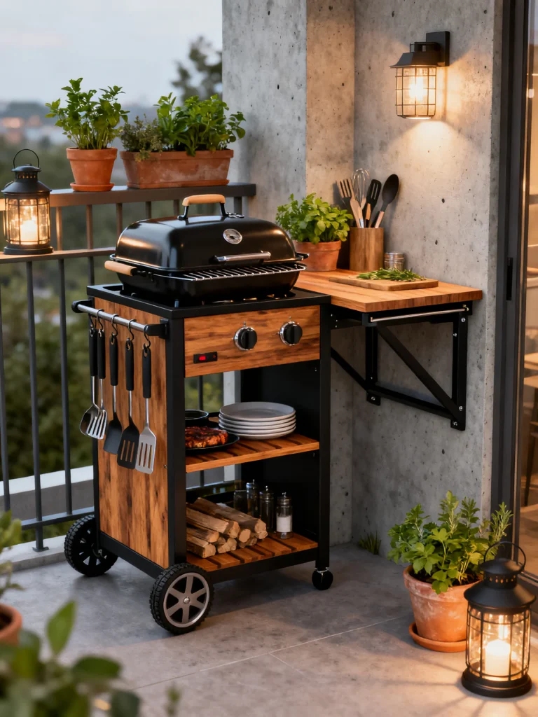 Rolling grill cart with fold-down wooden counter on a modern apartment balcony outdoor kitchen setup.