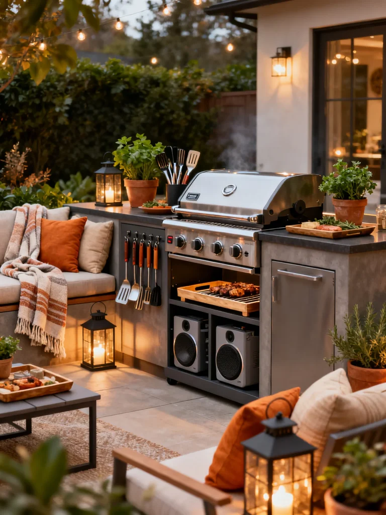 Outdoor grilling station with seasonal decor, cozy seating, and smart grilling accessories.