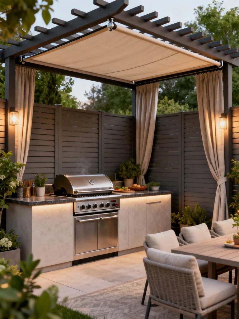 Outdoor grilling station with pergola canopy, privacy fencing, and curtains for shade and wind control.