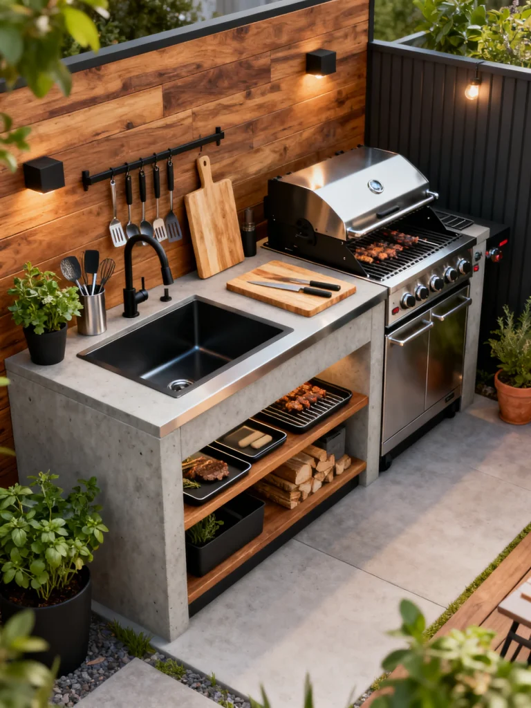 Modern sink-free outdoor prep station with built-in grill, open shelving, and wood accent wall.