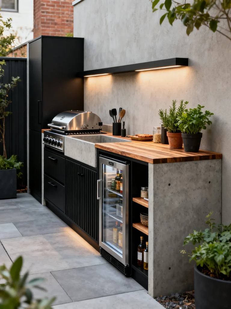 Skinny built-in outdoor kitchen with compact appliances, concrete countertops, mini fridge, and modern black cabinetry along a narrow patio wall.