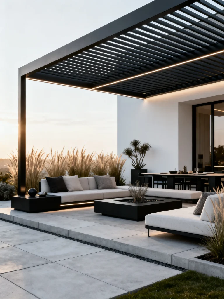 Sleek black metal pergola with modern outdoor lounge and minimalist patio design