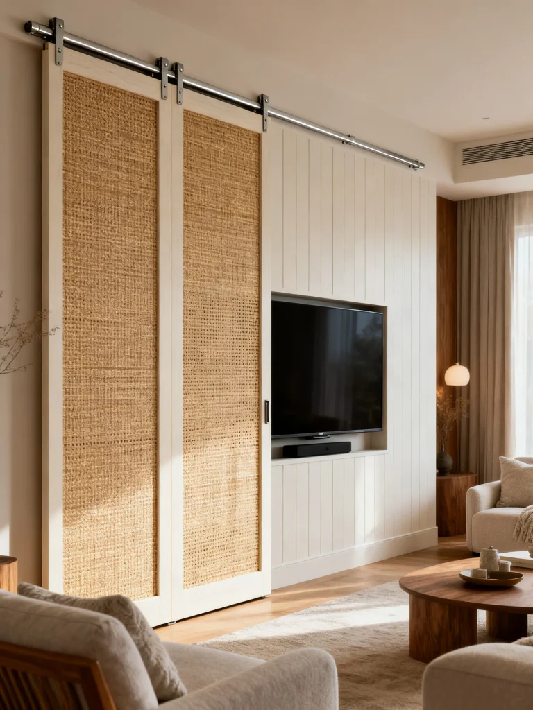 Living room TV concealed behind sliding woven panel doors in a modern neutral space