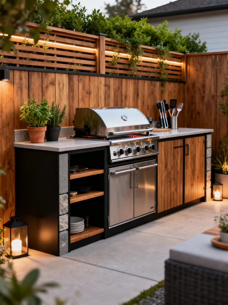 Slim one-wall outdoor kitchen against a wooden fence with stainless steel grill, wood cabinets, open shelving, and warm ambient lighting.