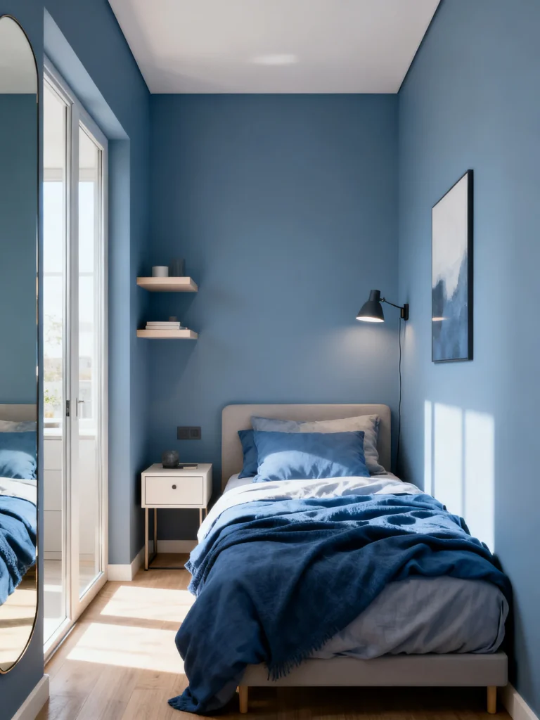 Small blue bedroom with single bed, wall-mounted light, and minimalist decor