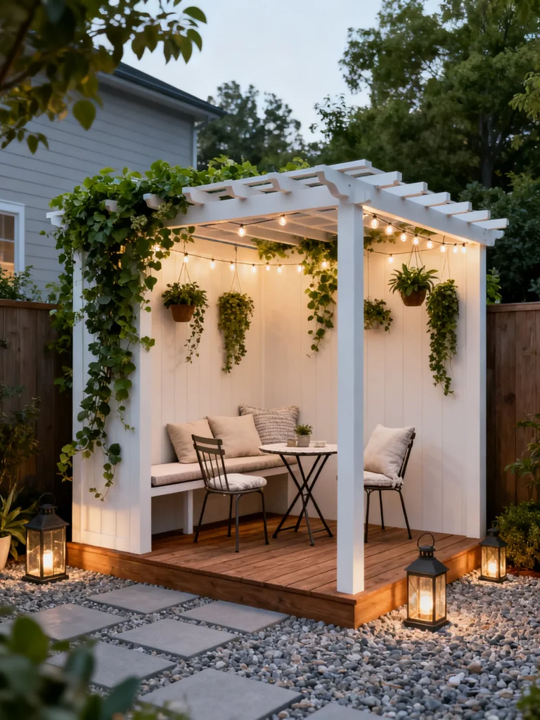 Small-space corner pergola with cozy seating, hanging plants, and string lights in a backyard