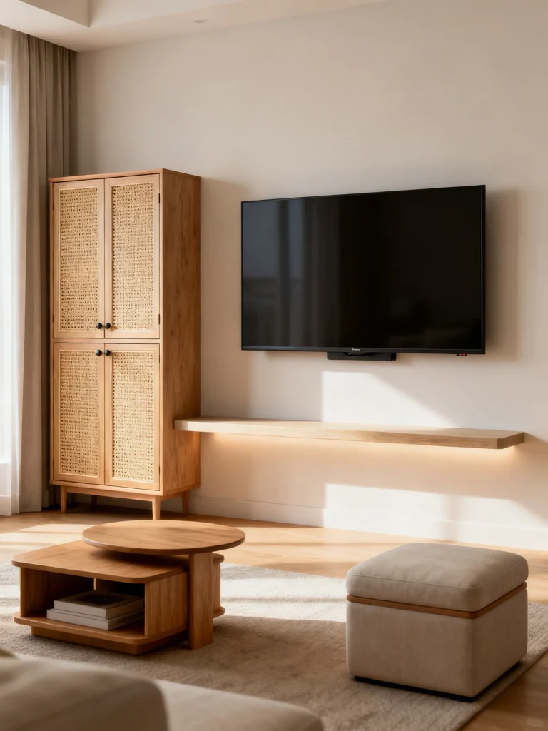Small-space TV wall with floating shelf and woven storage cabinet in a cozy modern living room