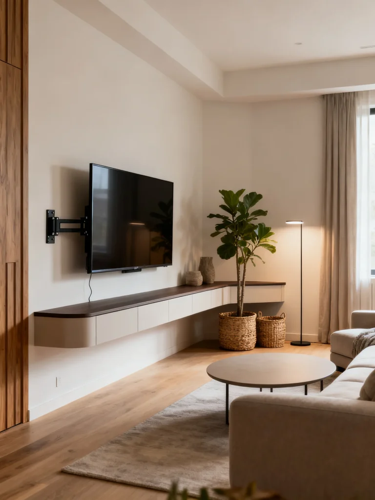 Modern corner TV wall with floating console and minimalist living room styling