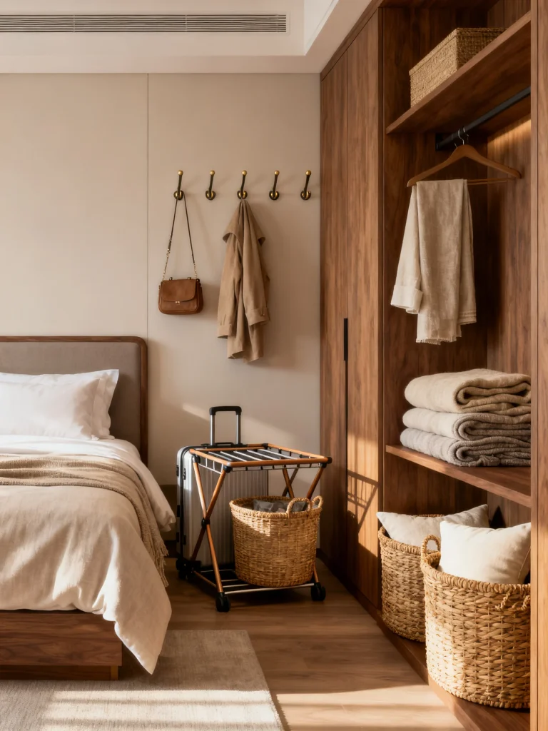 Bedroom with smart storage solutions including wall hooks, woven baskets, luggage rack, and open shelving