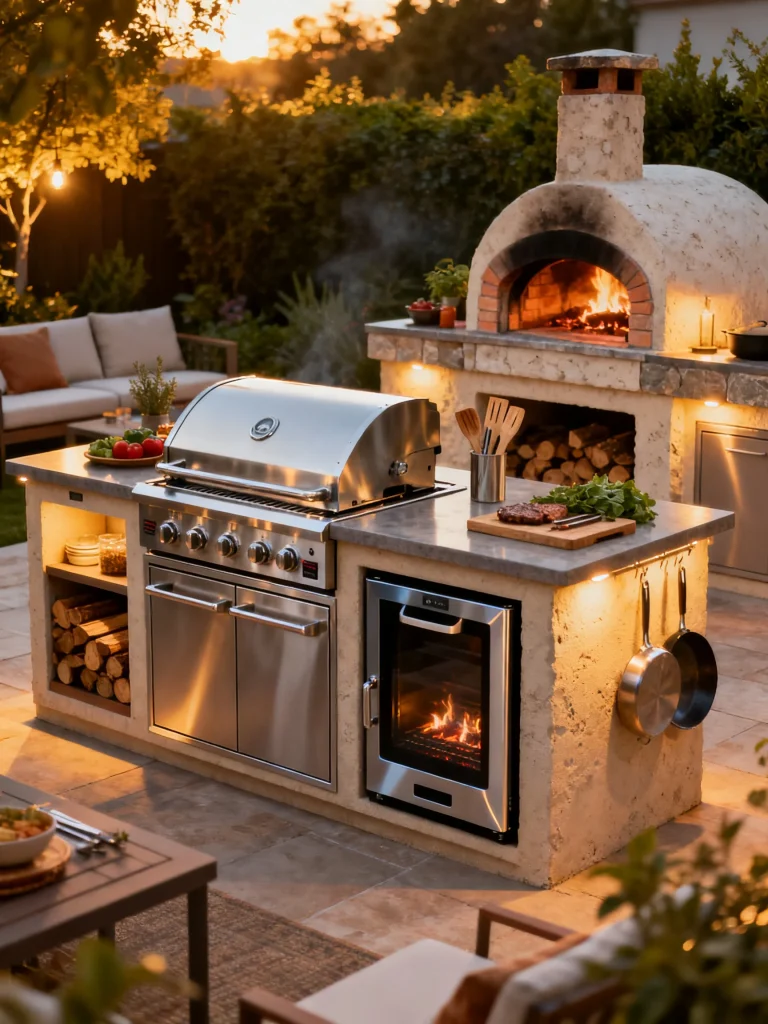 Outdoor grilling station with smoker, pizza oven, and built-in storage at sunset.