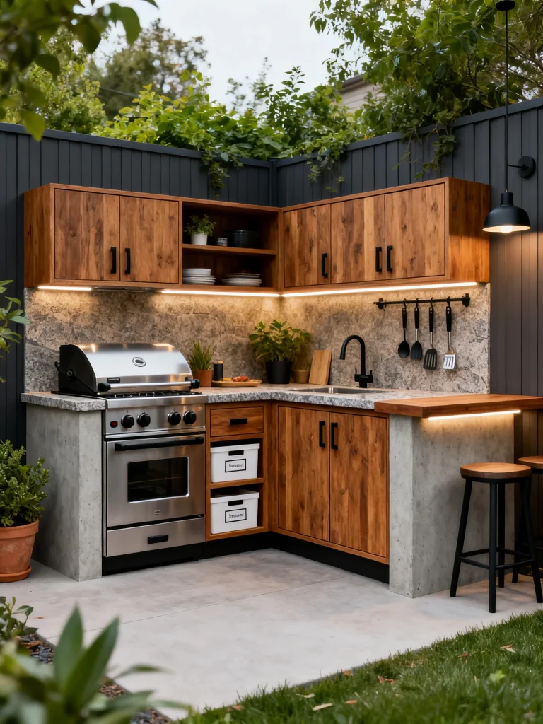 Space-saving L-shape outdoor kitchen in a backyard corner with wood cabinets, built-in grill, bar seating, and modern lighting.