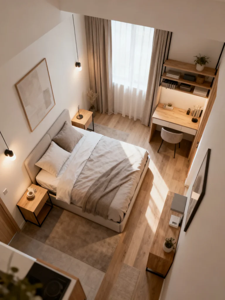 Small bedroom layout with compact furniture arrangement, workspace, and minimalist neutral decor viewed from above.