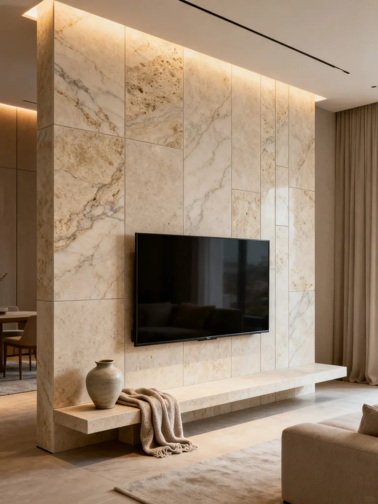 Modern living room TV wall with large stone tile cladding and warm lighting