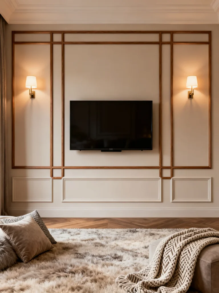 Elegant TV wall with symmetrical sconces and decorative wood grid millwork