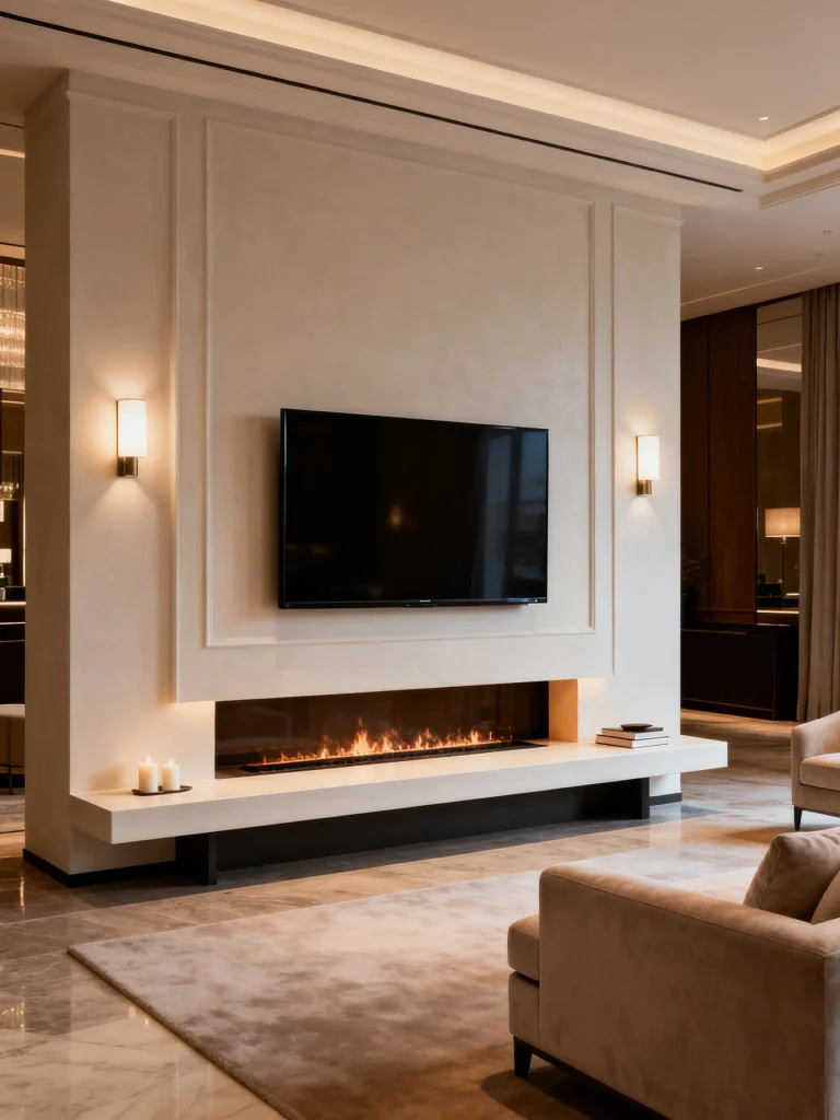 Modern living room with TV mounted above a sleek linear fireplace