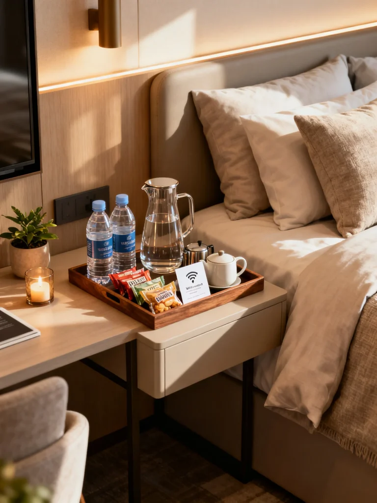 Bedroom welcome tray with snacks, water bottles, tea set, and Wi-Fi card