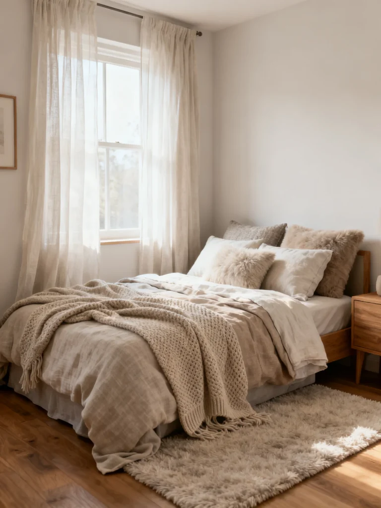 Small cozy bedroom with soft neutral textiles, layered blankets, plush pillows, and airy curtains in a warm minimalist design.