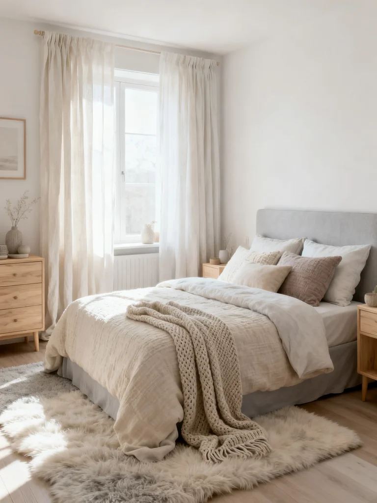 Small bedroom with a light tone-on-tone color palette featuring soft beige bedding, cream curtains, and warm natural wood furniture.