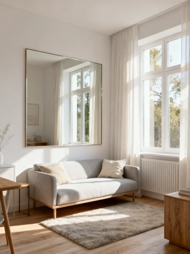 Small living room with large mirror and airy neutral palette to boost natural light