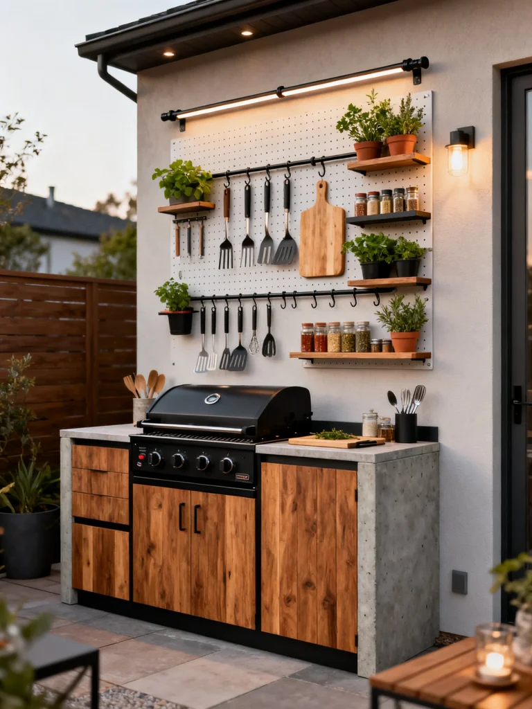Outdoor kitchen with vertical storage wall featuring rails, pegs, shelves, hanging utensils, and modern wood cabinetry.