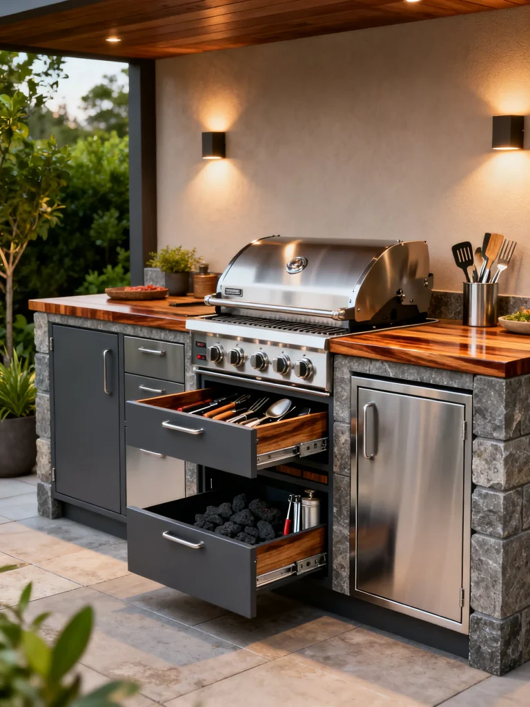Outdoor grilling station with weatherproof storage drawers and stainless steel cabinets.