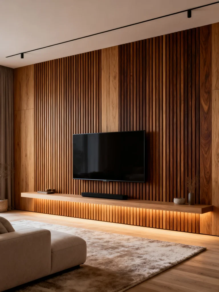 Modern TV wall with vertical wood slats and floating media console