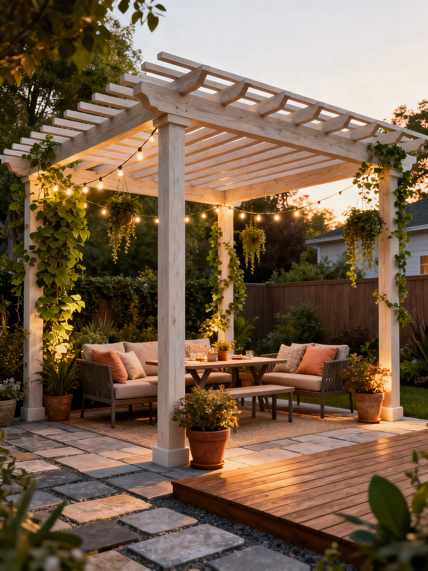 Modern backyard pergola with outdoor seating, hanging plants, and string lights at sunset