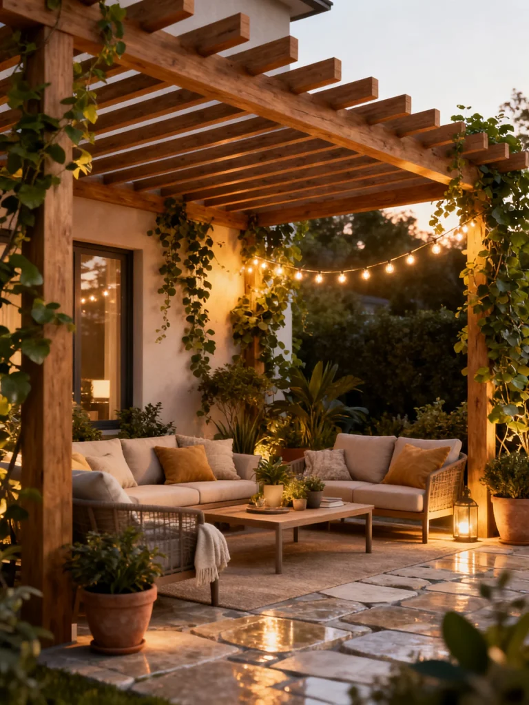 Cozy wooden backyard pergola with outdoor lounge furniture and glowing string lights