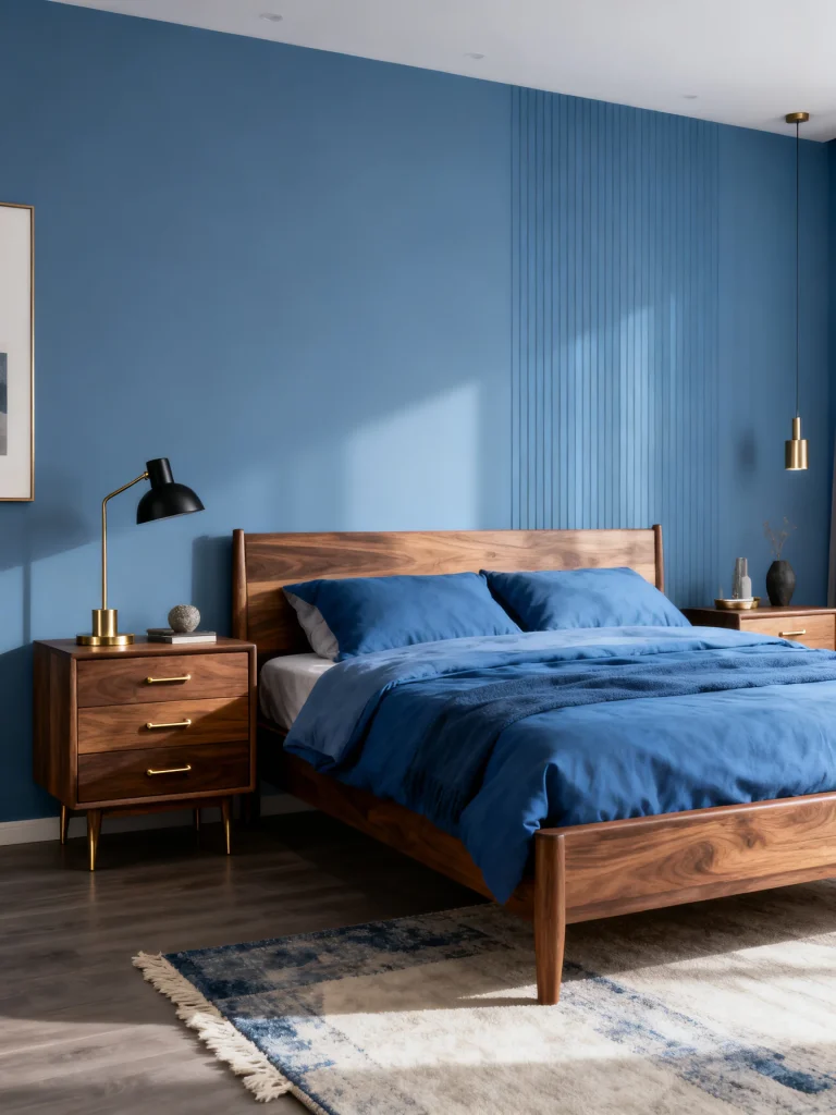 Blue bedroom with wooden furniture and metal accents for balanced design